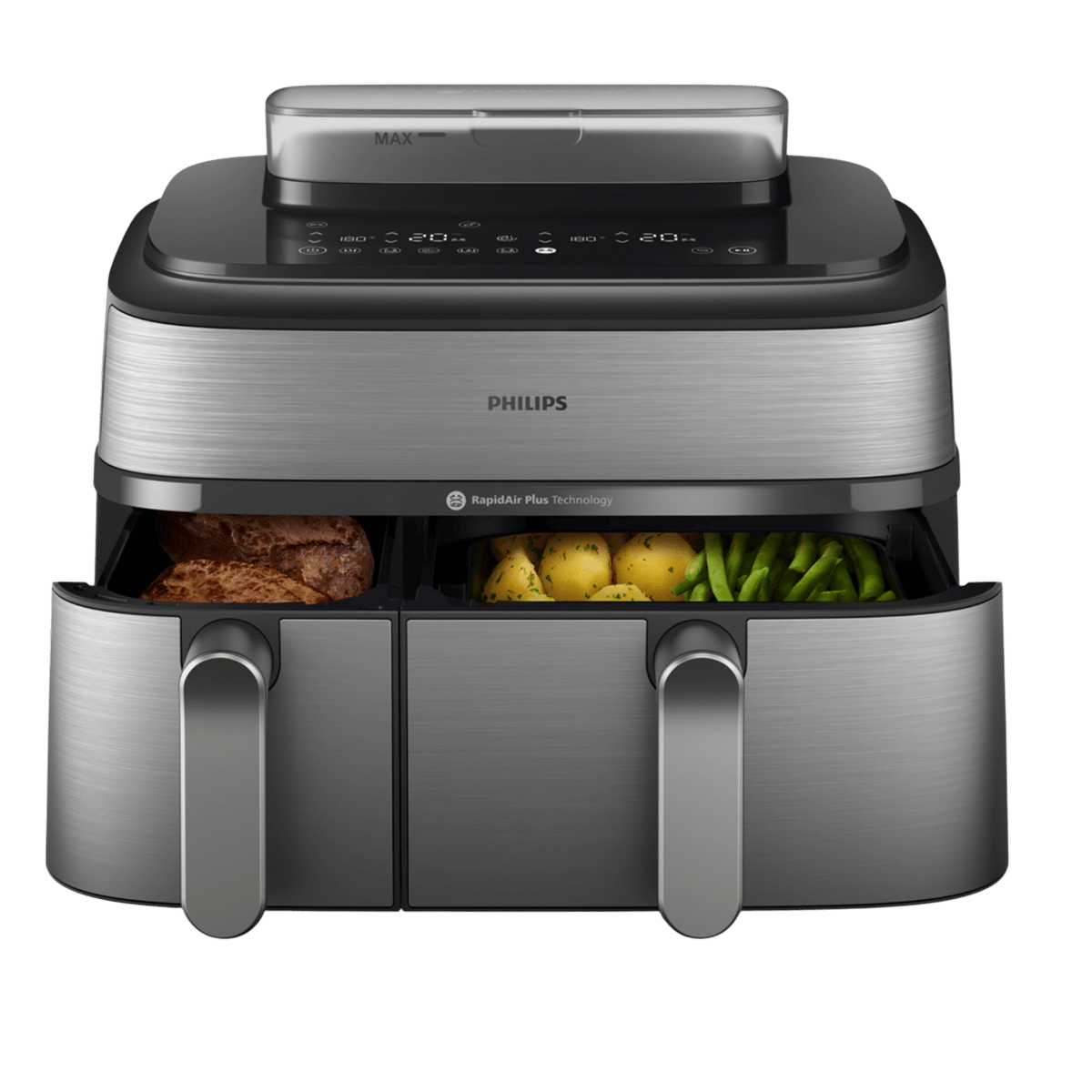 Philips Airfryer 5000-serie Dual Basket Met Stoomfunctie - Na555/00 Dubbele Mand Steamclean 9l Tot 6 Personen Heteluchtfriteuse Met Stoomfunctie Zilver