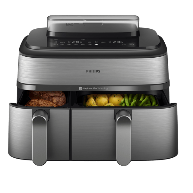 Philips Airfryer 5000-serie Dual Basket Met Stoomfunctie - Na555/00 Dubbele Mand Steamclean 9l Tot 6 Personen Heteluchtfriteuse Met Stoomfunctie Zilver