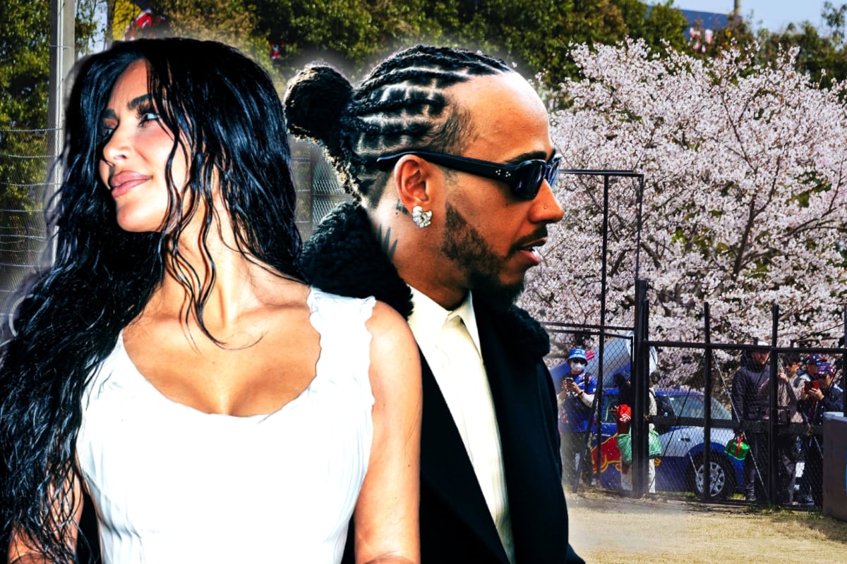Kim and Lewis edited side by side looking in opposite directions in glam attire with Suzuka circuit background and cherry blossom tree
