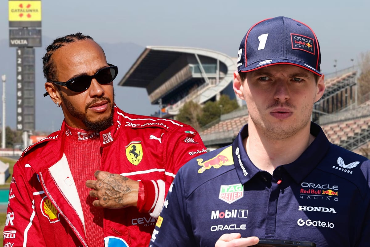 An edit of Lewis Hamilton and Max Verstappen looking confused at the Circuit de Barcelona-Catalunya 