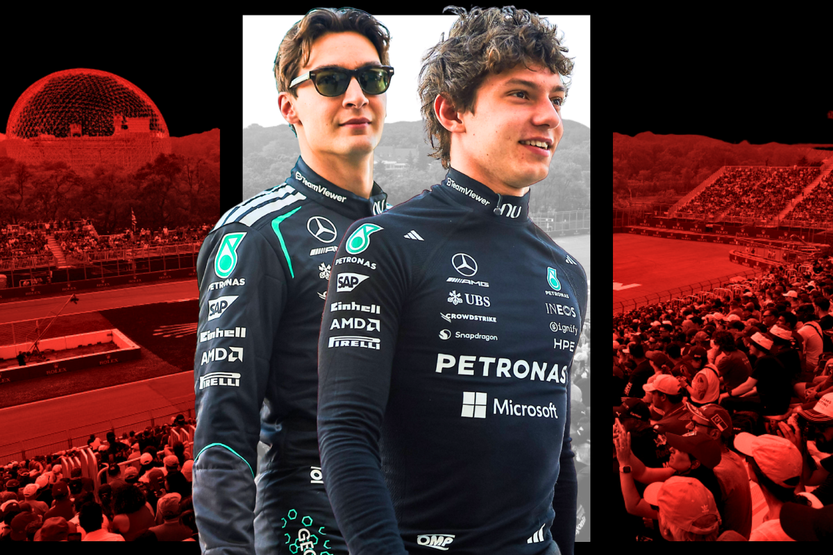 Russell and Antonelli smiling in Mercedes race suits in front of Canadian GP flag and track themed background