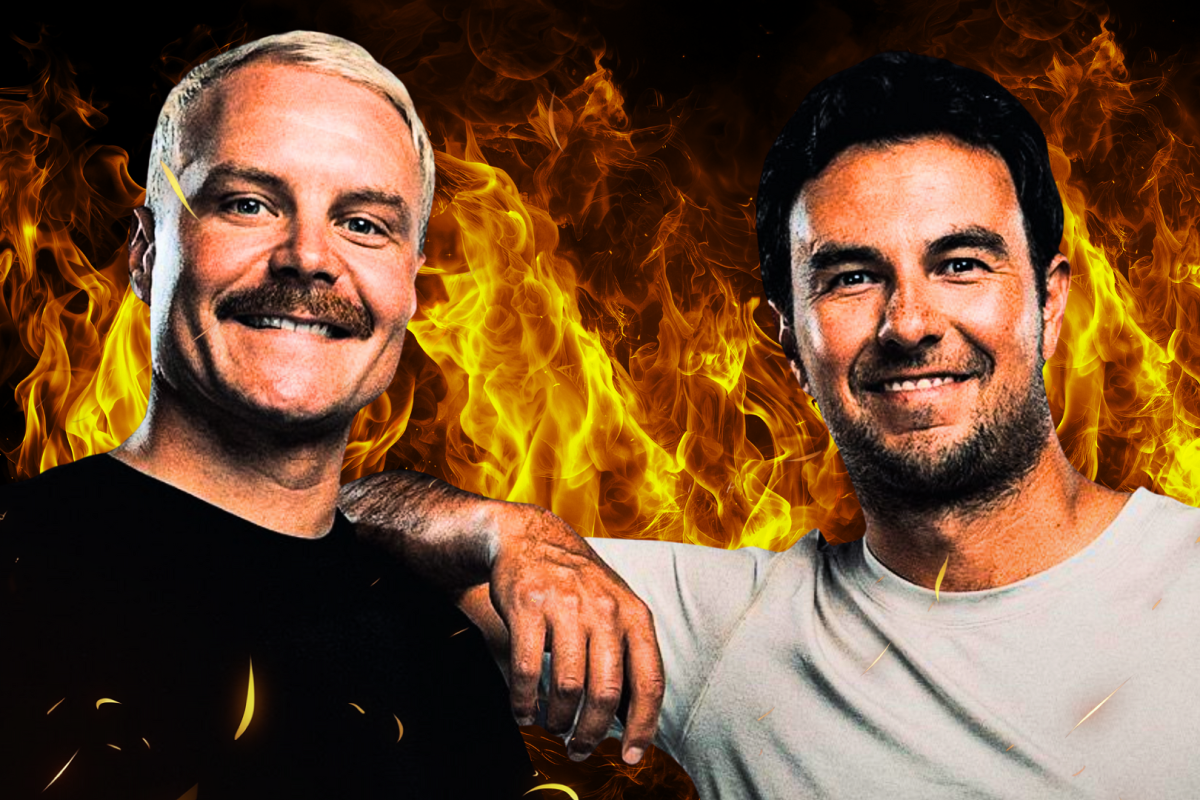 Bottas and Perez in plain t-shirts with orange flame background edited behind