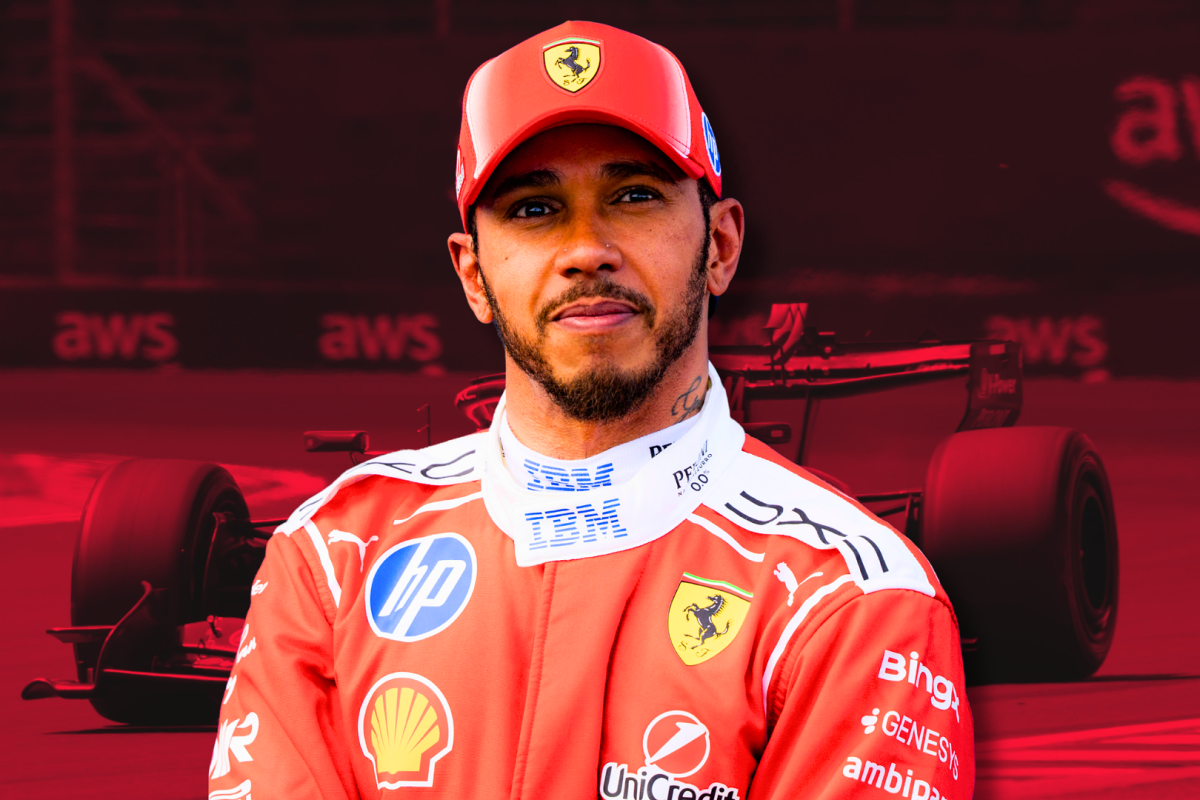 A happy Lewis Hamilton is shown with a Ferrari car in the background