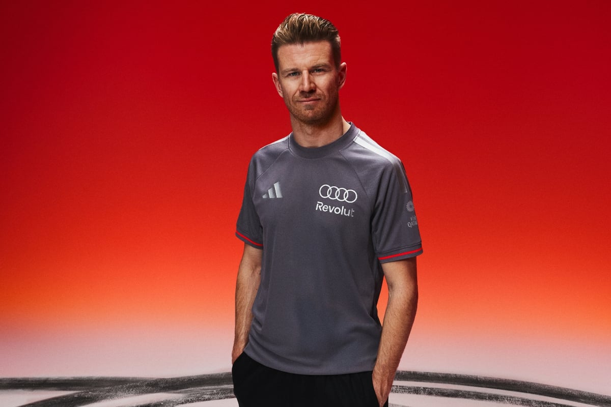 Credit: Audi. Nico Hulkenberg in photoshoot for new Audi adidas F1 t-shirt