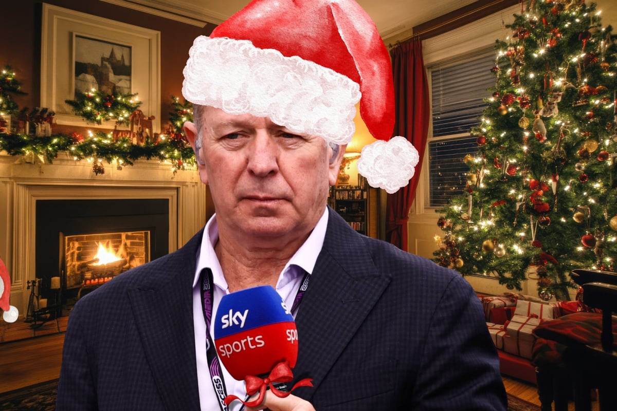 Martin Brundle edited on a cozy but classy Christmas living room wearing a Santa hat with Santa also creeping around the corner