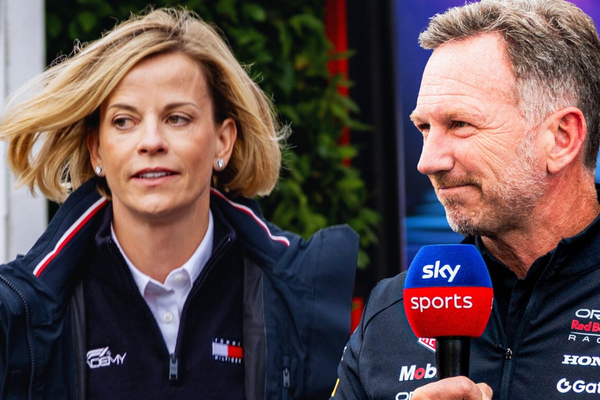 Close up of Susie Wolff walking through the paddock edited with a picture of Horner holding a Sky mic next to her