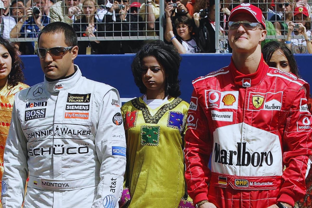 Montoya stood on the grid at 2006 Bahrain GP, in sunglasses with a straight face next to smiling Schumacher 