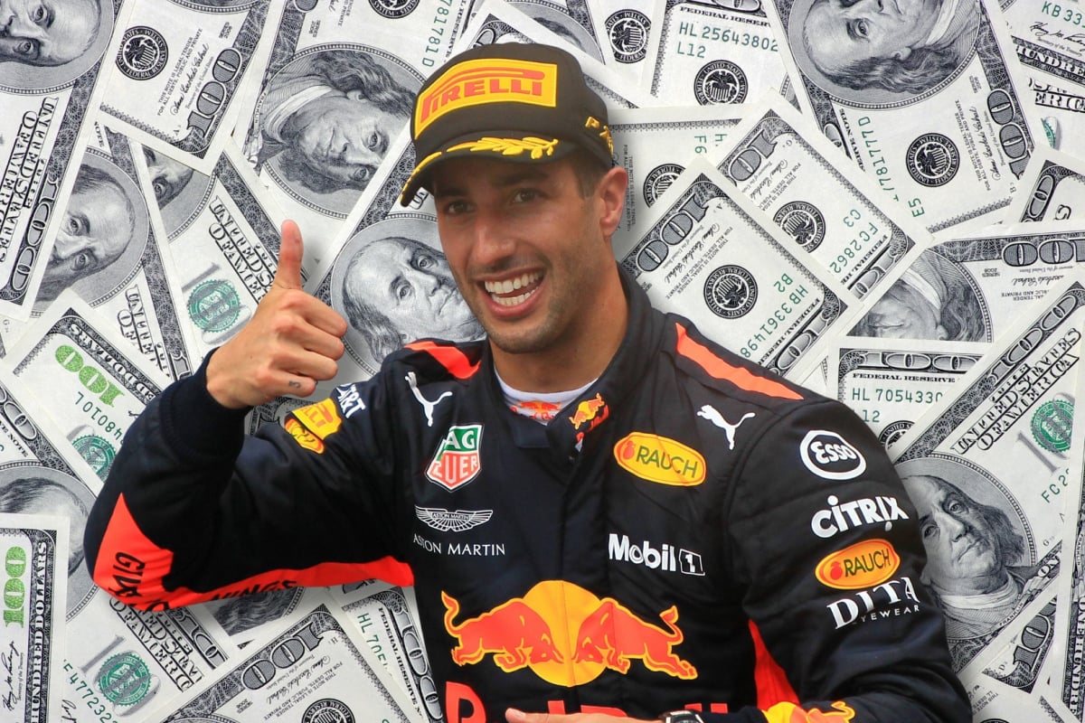 Daniel Ricciardo is pictured with his thumbs up to a backdrop of cash in a composite
