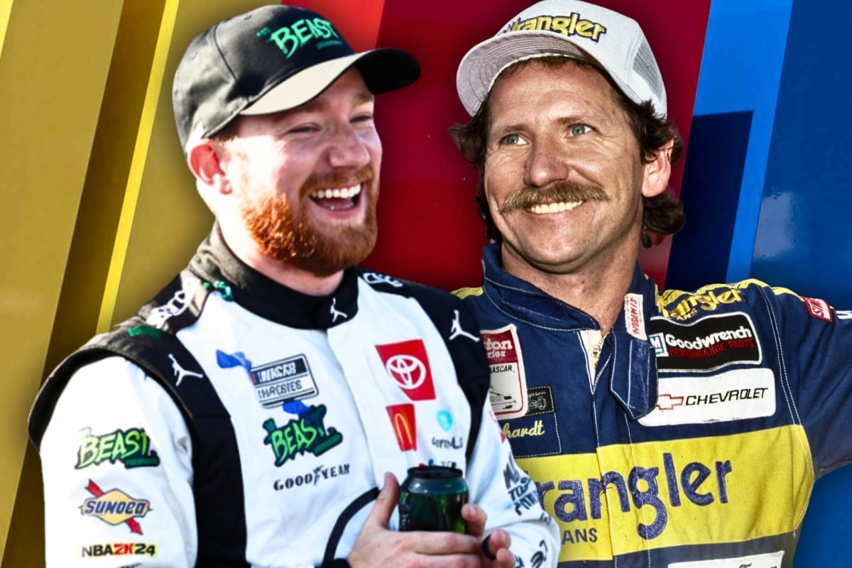 A composite image of past and present NASCAR drivers Tyler Reddick and Dale Earnhardt