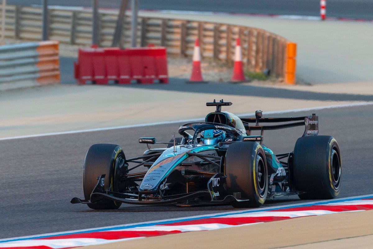 George Russell drives his Mercedes around the Bahrain circuit