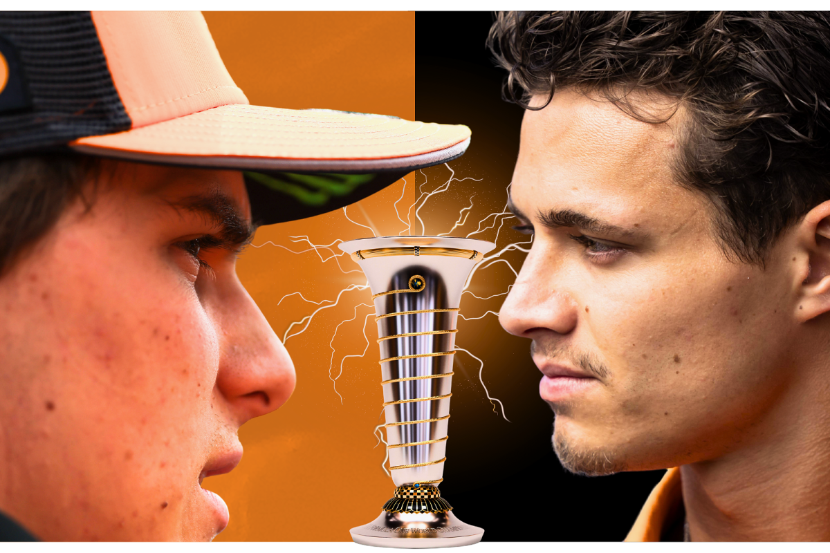 Oscar Piastri and Lando Norris face off with the F1 drivers' trophy between them