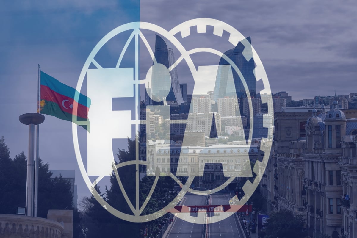 The F1 Baku race track in Azerbaijan has a semi-transparent FIA flag in front of it
