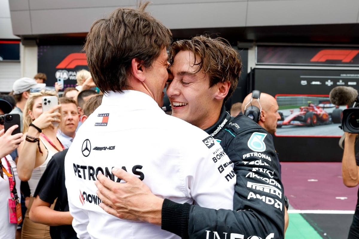 George Russell and Toto Wolff embrace after the Qatar 2024 GP