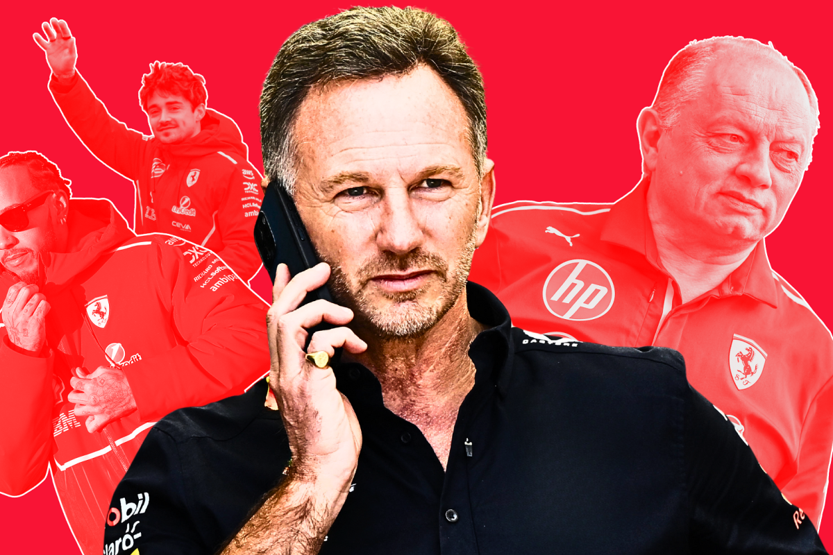 christian horner, fred vasseur, lewis hamilton, charles leclerc, ferrari, graphic