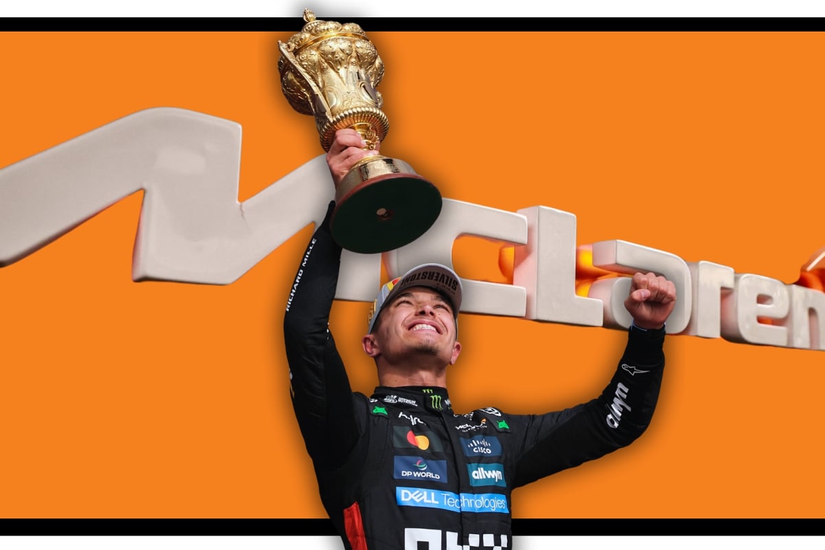 Composite image of Lando Norris celebrating with a trophy in front of McLaren logo