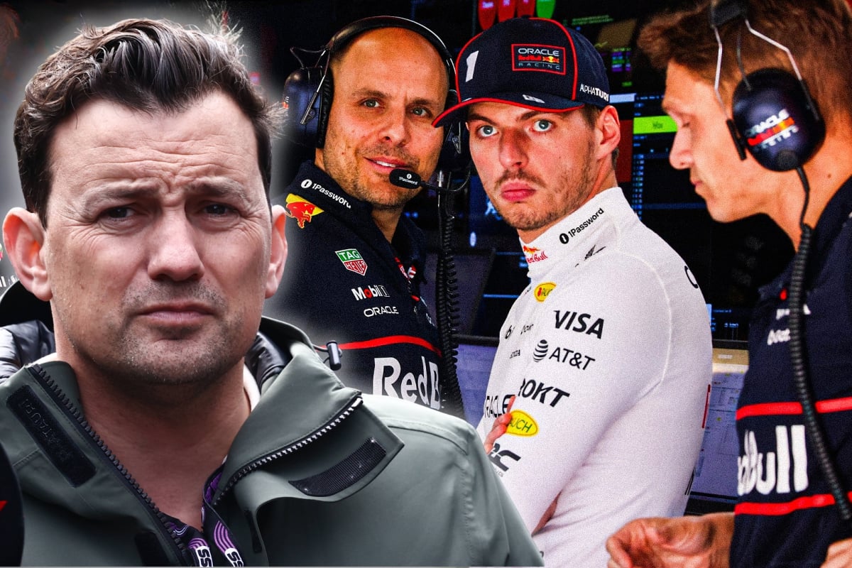 Headshot of Will Buxton holding F1 mic edited over picture of Verstappen and Red Bull staff in garage