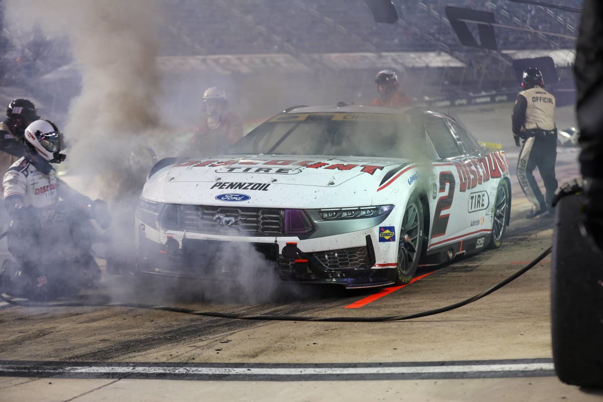 An image of Austin Cindric's No. 2 Team Penske Ford on fire at Bristol Motor Spedway