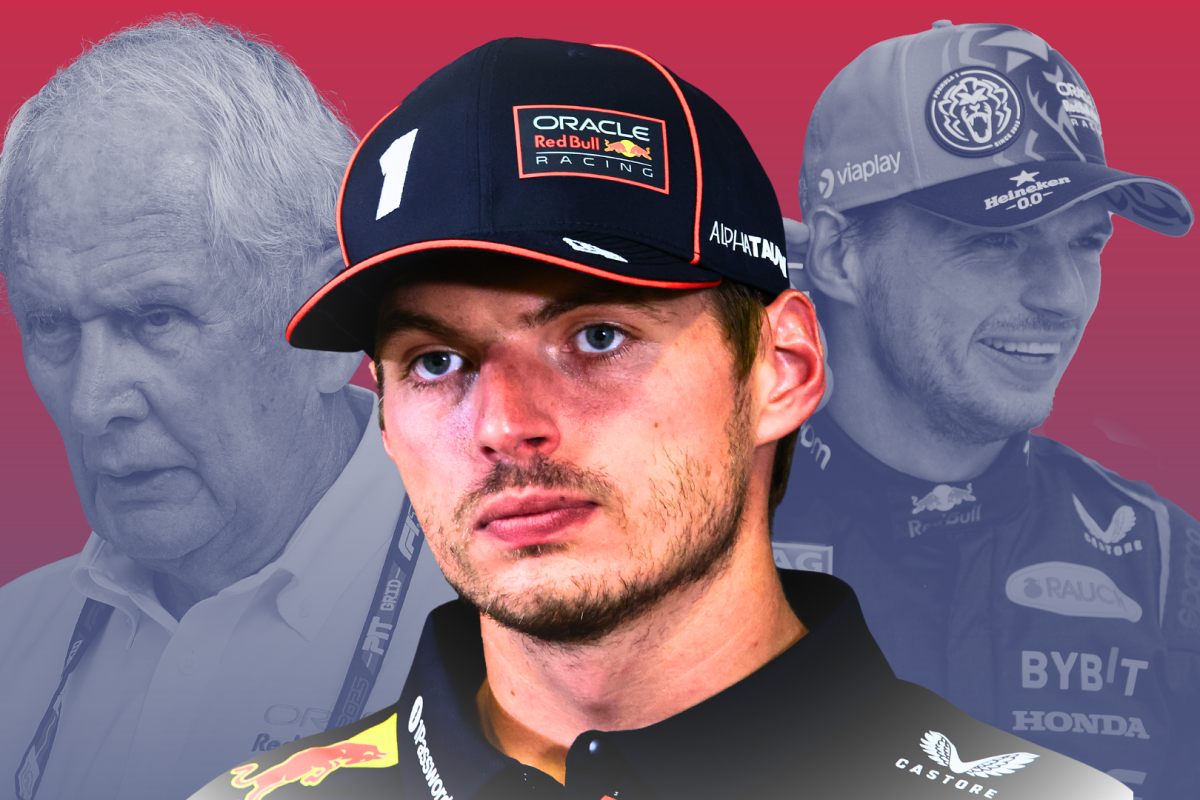 Composite image of Verstappen and Marko with red gradient background