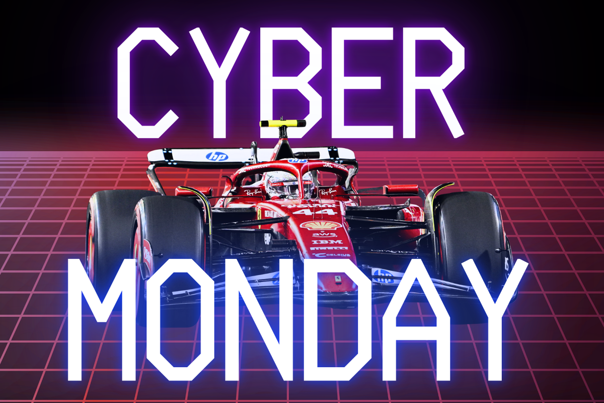 Hamilton's ferrari car with a red grid background and illuminated 'cyber monday' text graphic