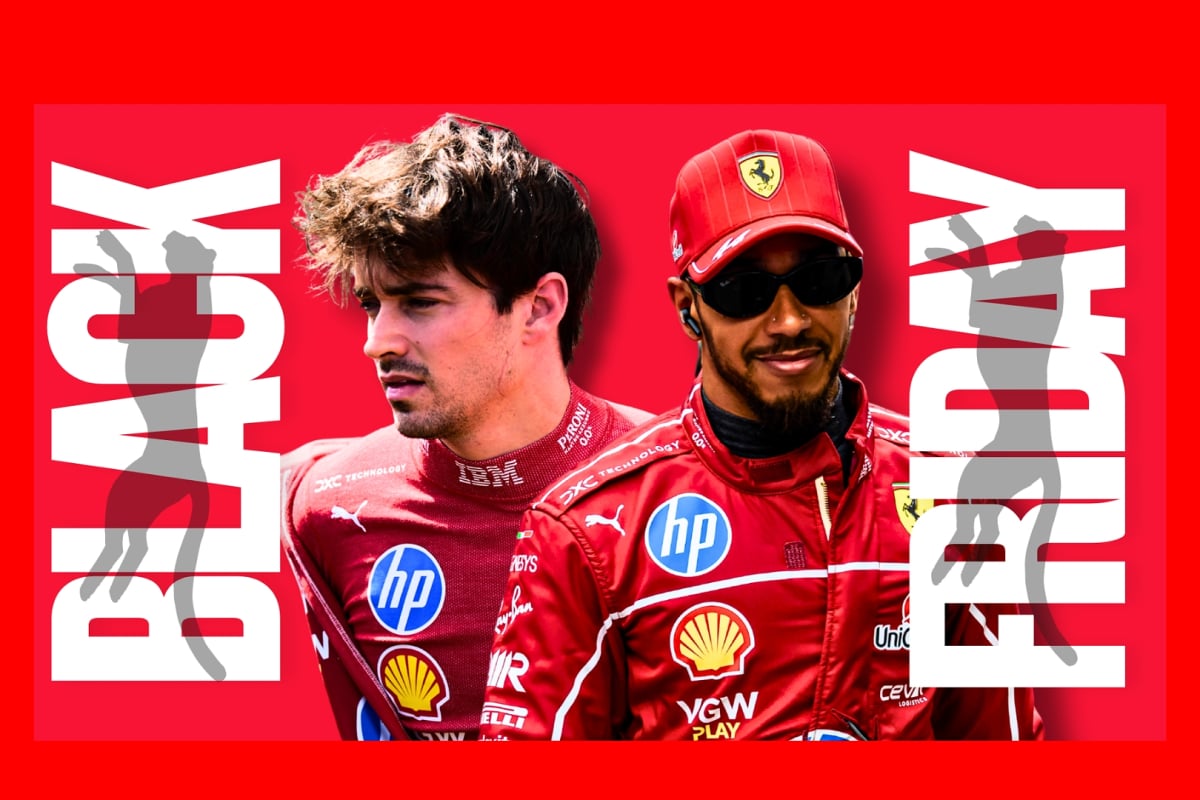 Concerned Leclerc with smiling Hamilton in Ferrari/Puma kit with the Puma logo edited over a Black Friday sign