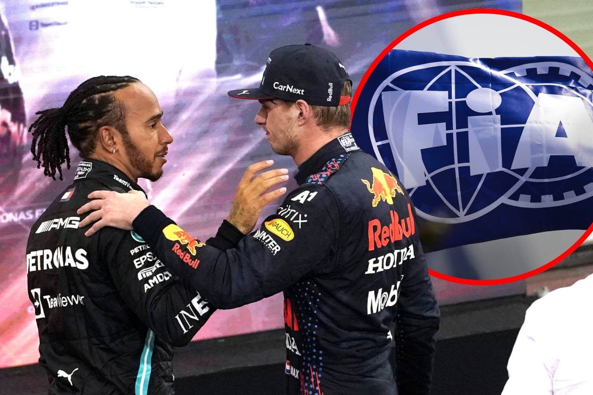 Max Verstappen consoles Lewis Hamilton at the Abu Dhabi 2021 GP with an inset of an FIA logo