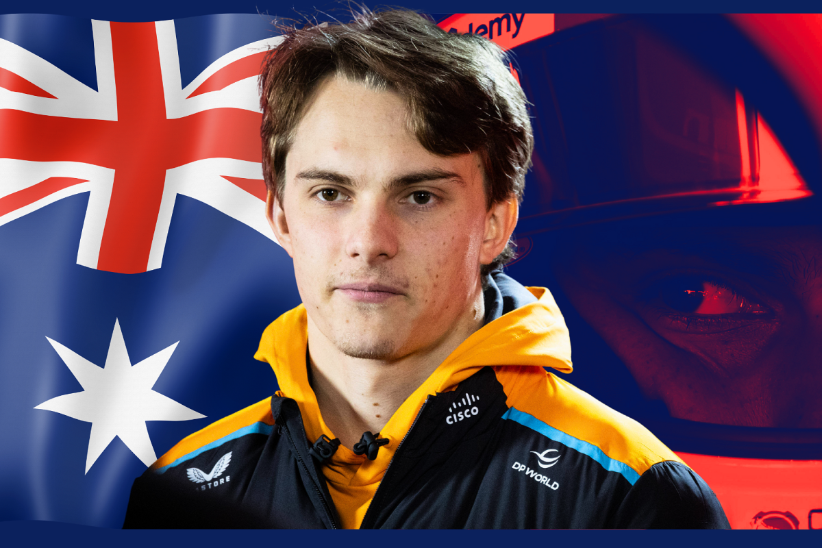 Piastri with a smug expression in front of an Australian flag-themed background merged with a helmet close up of his eyes behind the visor