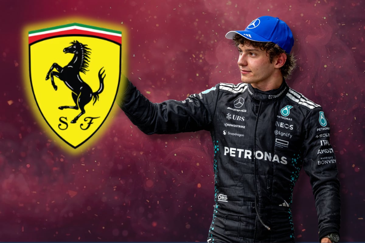 Kimi Antonelli is shown reaching his hand out to a Ferrari badge in a composite image