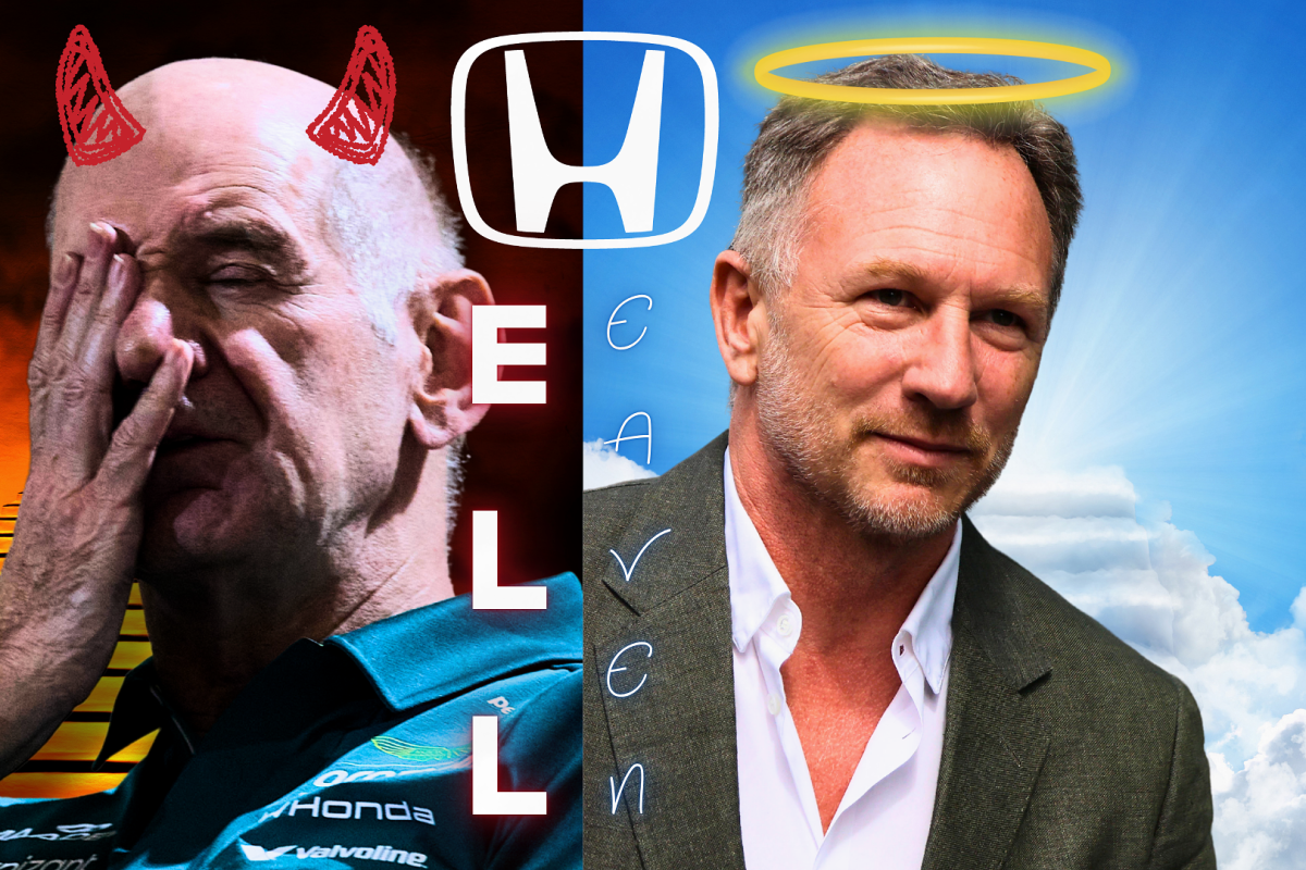 Split image of Newey with devil horns in Honda hell and Horner with halo in Honda heaven