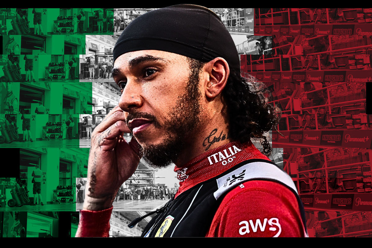 Lewis Hamilton in front of an Italian flag themed background shot of the Italian GP