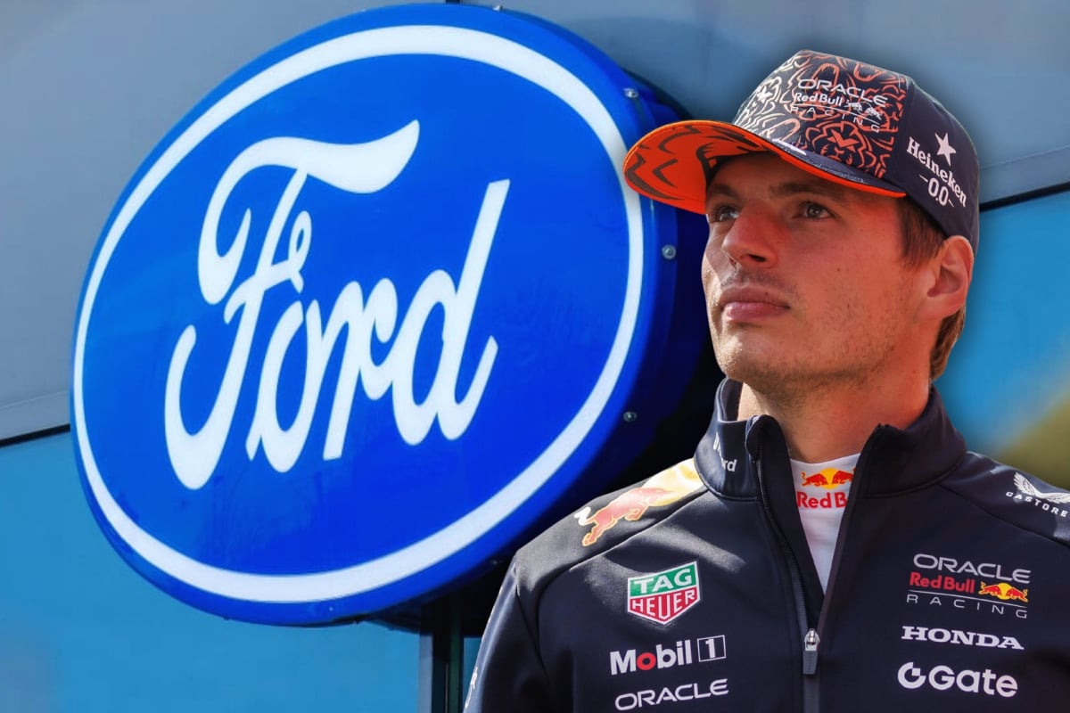 Verstappen in Red Bull F1 teamwear looking up at edited background of Ford blue oval logo