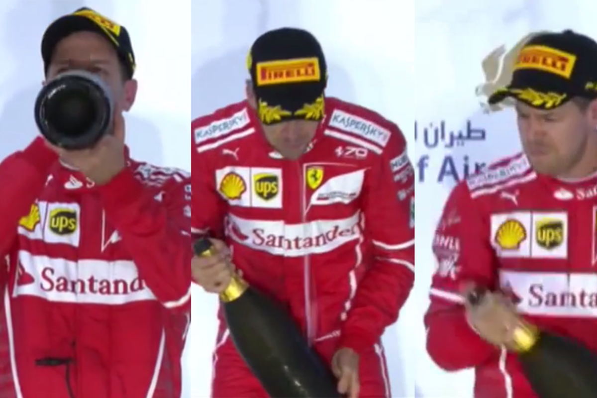 VIDEO: Sebastian Vettel en Lewis Hamilton geen fan van alcoholvrije champagne