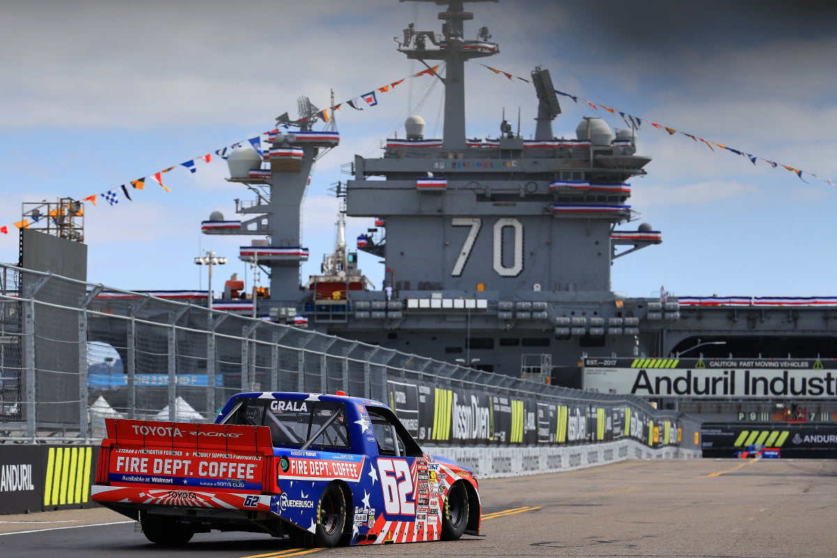 Kaz Grala running in the NASCAR Truck Series at Coronado Naval Base in San Diego