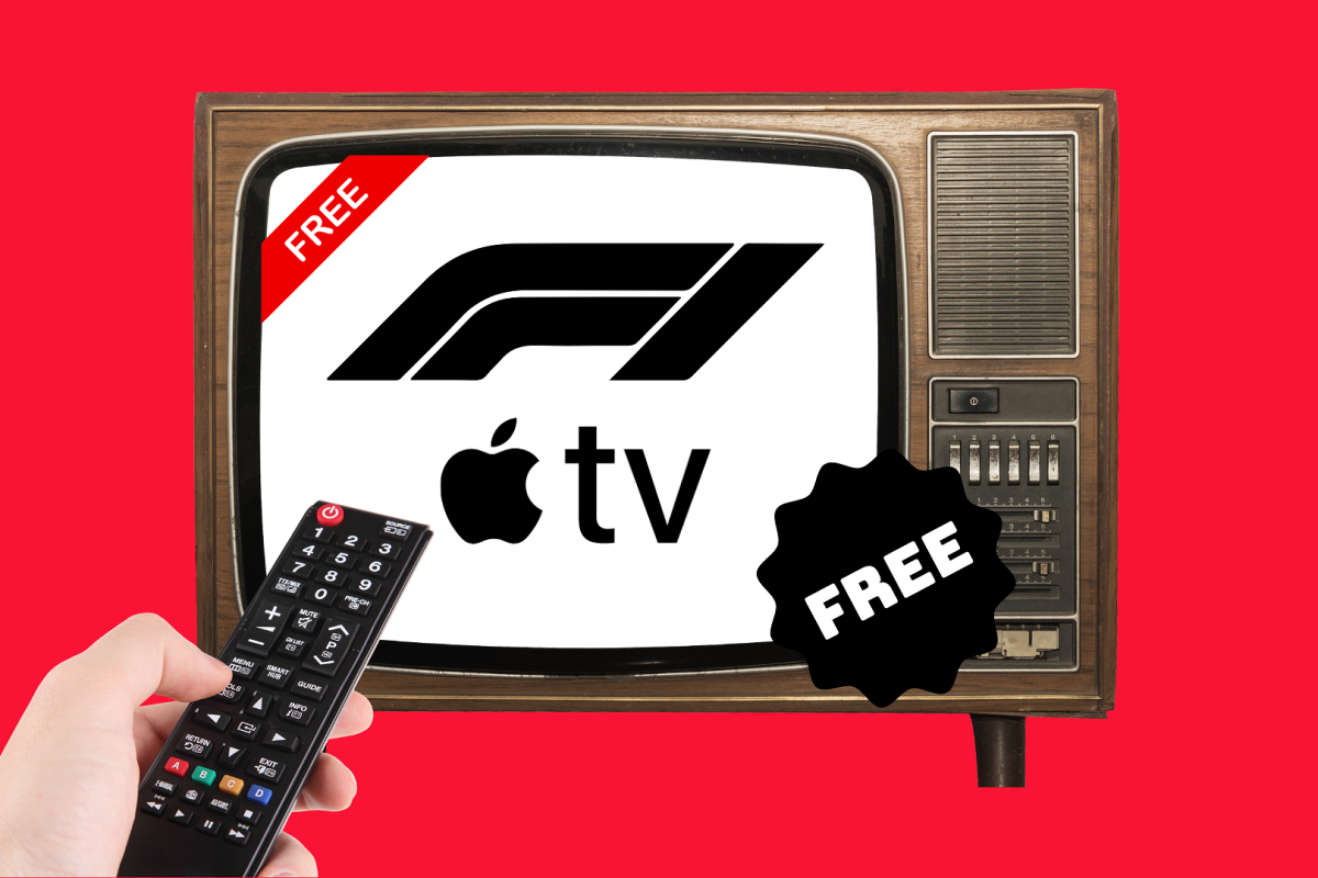 F1 and Apple TV logo on cartoon TV with remote pointing at it and 'free' stickers stuck on red background