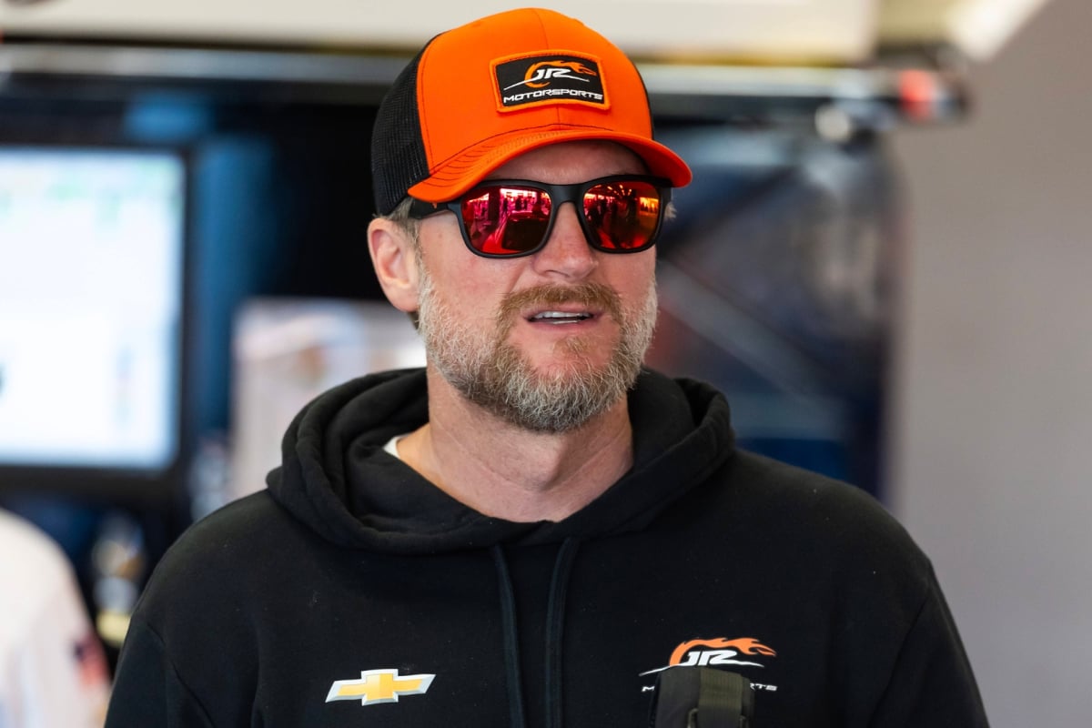 An image of NASCAR legend and JR Motorsports owner Dale Earnhardt Jr in the garage