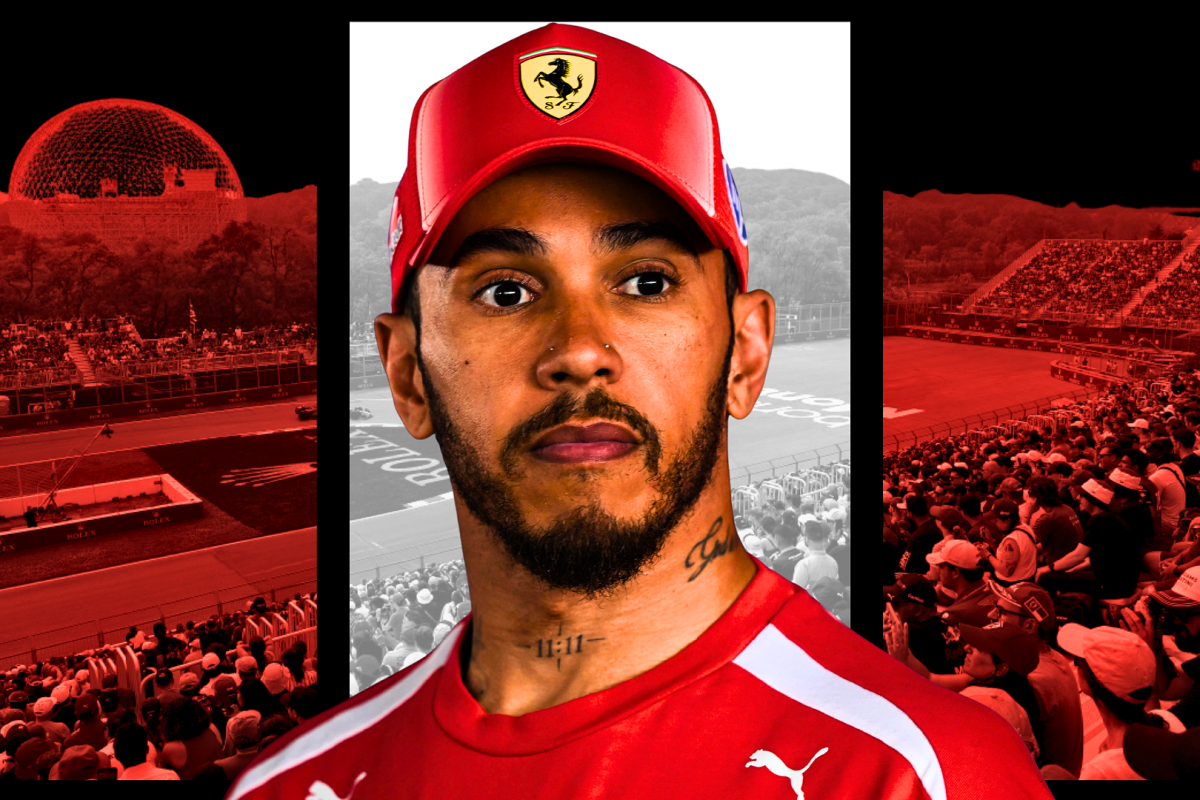 Hamilton in Ferrari F1 hat looking annoyed with Canadian flag-themed F1 background