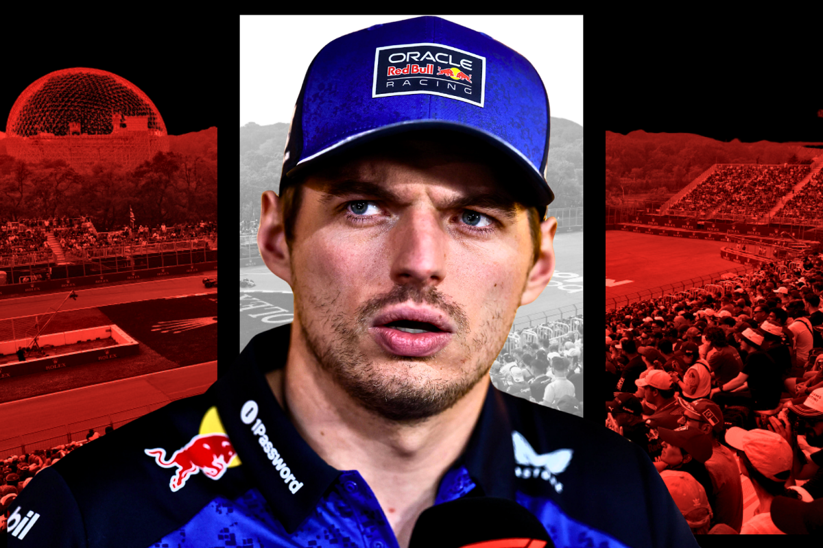 Verstappen in Red Bull F1 hat looking annoyed in front of Canadian GP F1 themed red and white track background