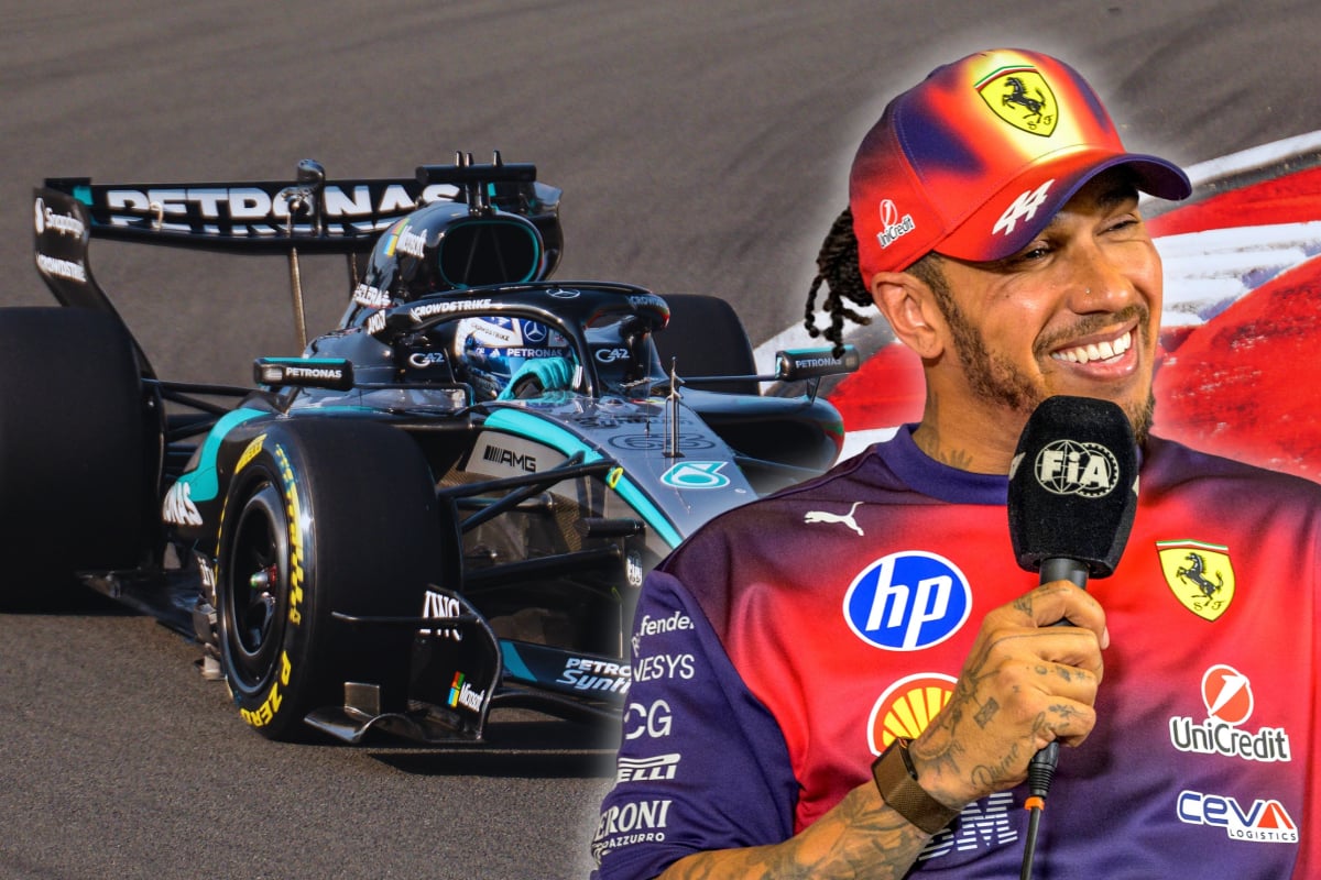 Hamilton smiling with FIA mic in hand edited to the right of Russell's Mercedes car on track in the background