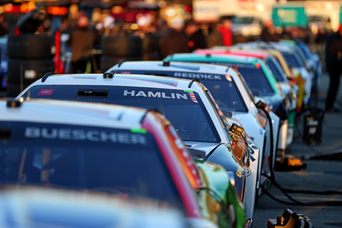 An image of NASCAR Cup Series cars lined up ahead of the Clash