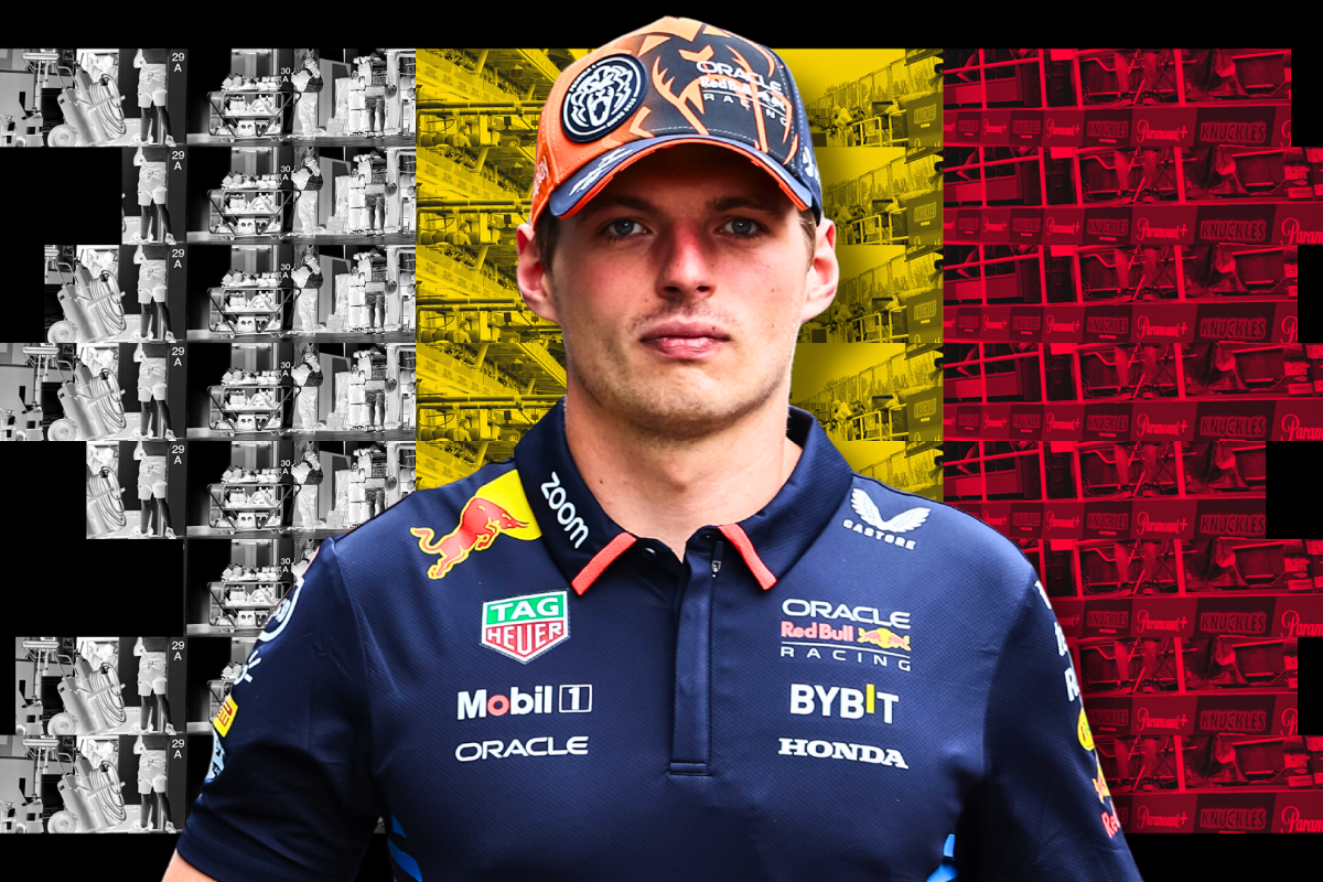 Verstappen in Red Bull t-shirt with black, yellow and red Belgian flag background