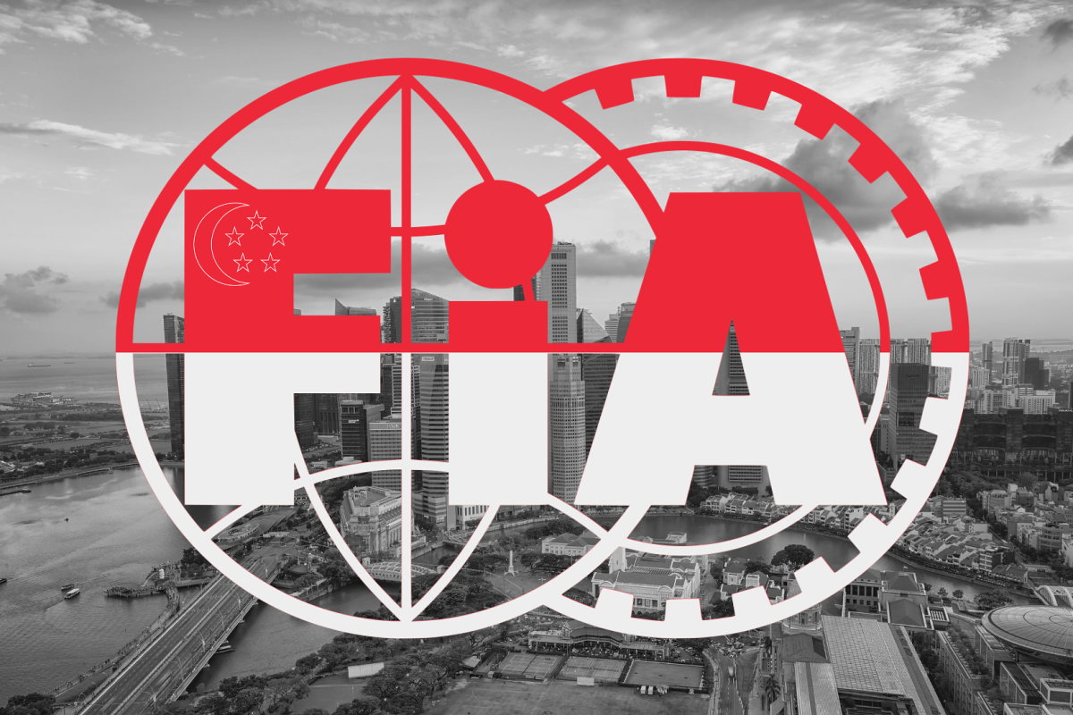 Graphic of the FIA flag in the Singapore colours with black and white street background
