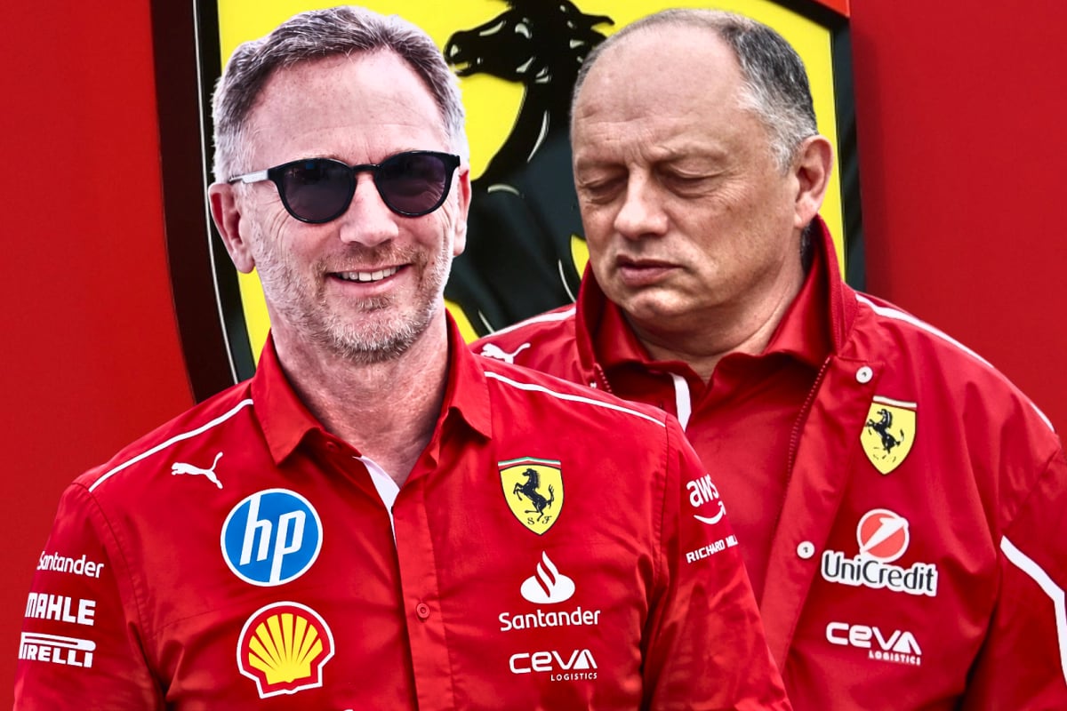 A composite image of Fred Vasseur, Christian Horner and a Ferrari logo