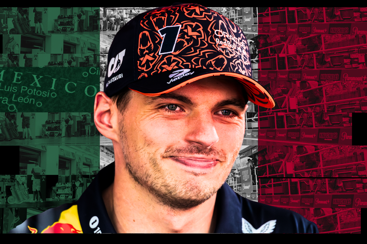 Verstappen smiling with an F1-themed background with a green, white and red overlay in the form of the Mexican flag