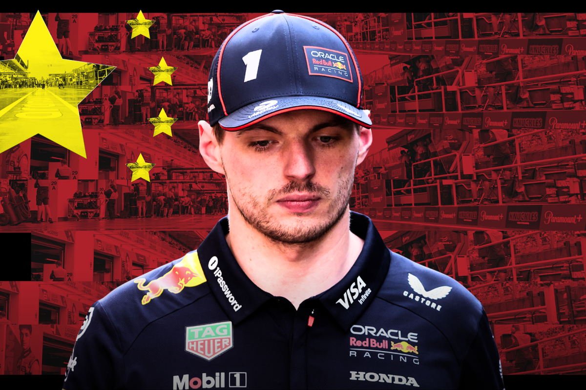 Max Verstappen is pictured in front of a Chinese flag