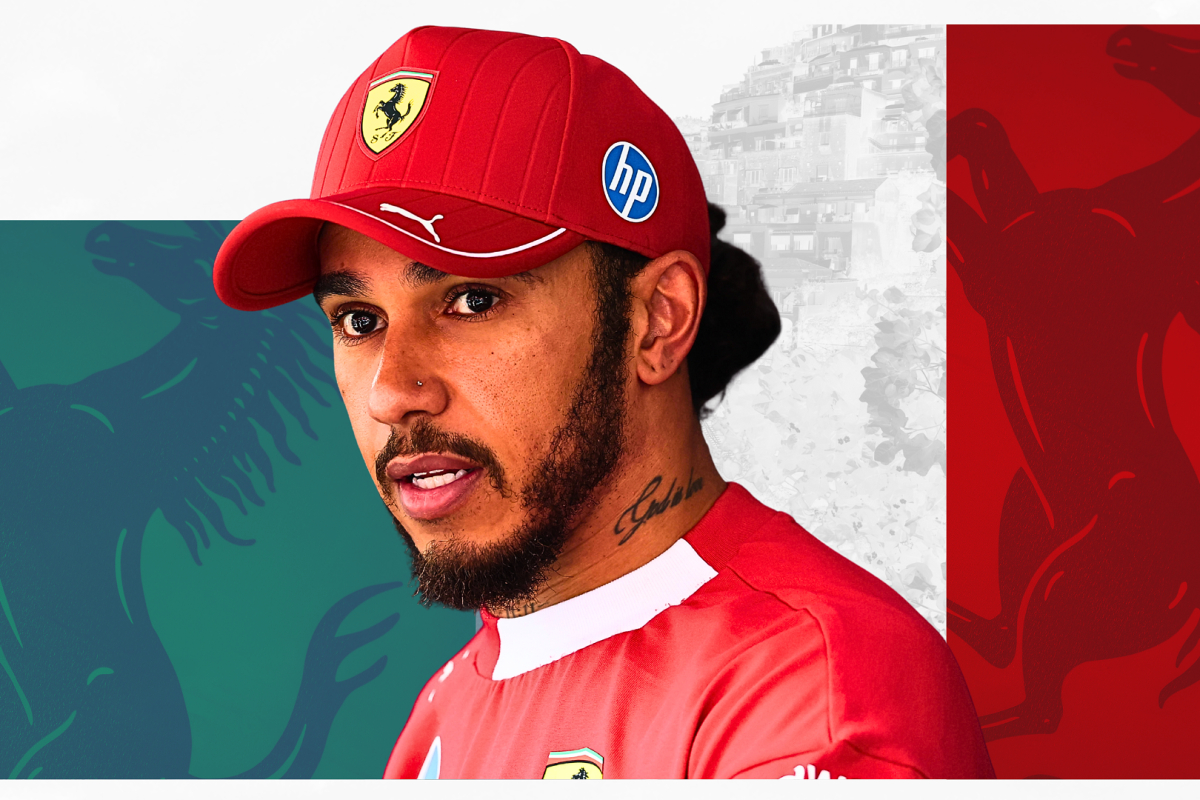 Composite of Lewis Hamilton in Ferrari kit in front of the colours of the Italian flag