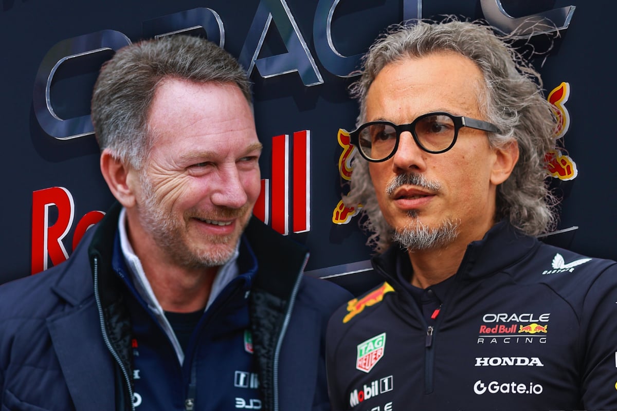 Christian Horner laughing in front of a Red Bull logo alongside a worried looking Laurent Mekies