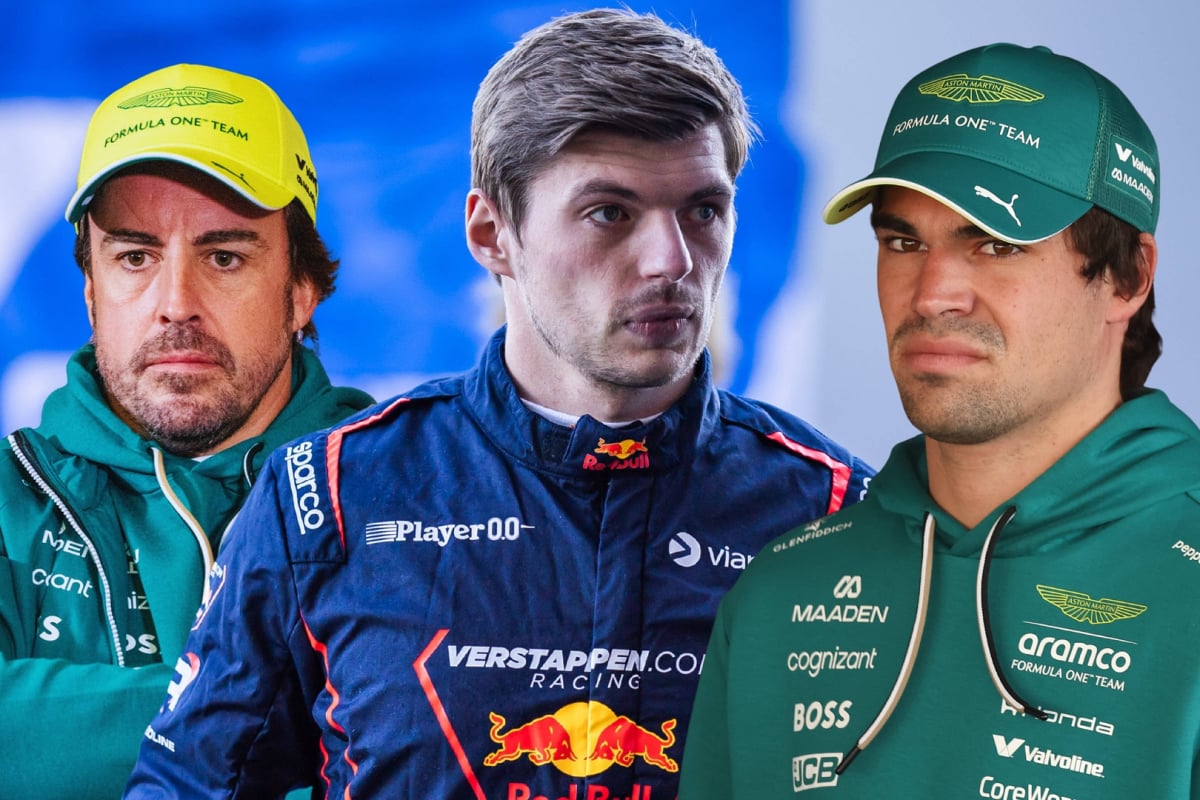 Lance Stroll and Fernando Alonso look unimpressed either side of Max Verstappen