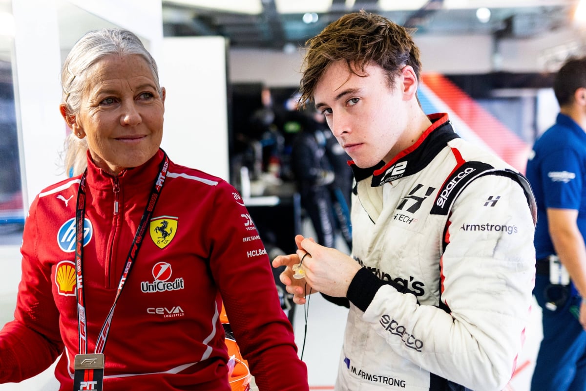 Angela Cullen in Ferrari gear is superimposed into a photo next to Marcus Armstrong as the pair look across at each other