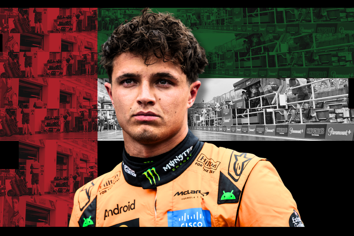 Lando Norris looking sad edited on a background of the UAE flag
