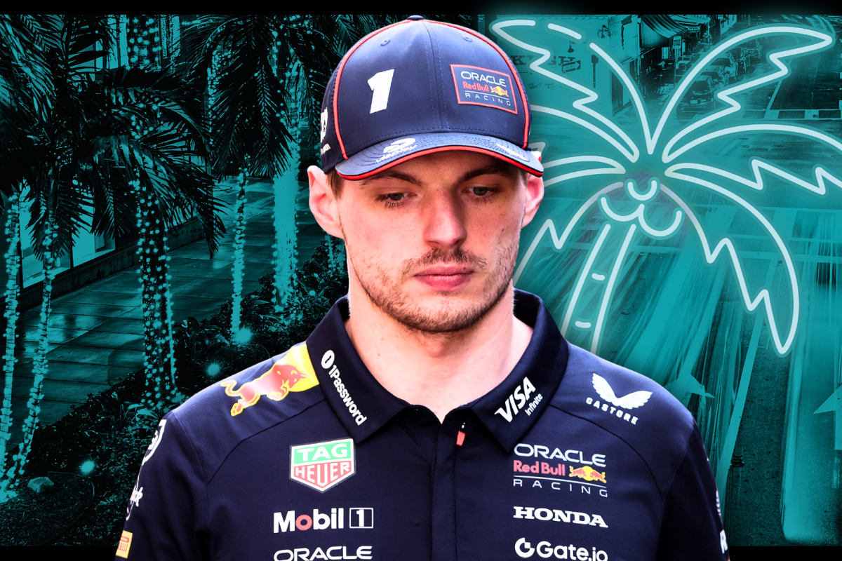 Max Verstappen looking sad edited against a neon blue backdrop of Miami