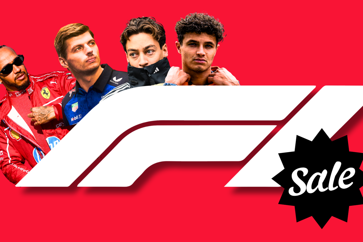 Hamilton, Verstappen, Russell and Norris all hovering above a white F1 logo with a black sale sticker